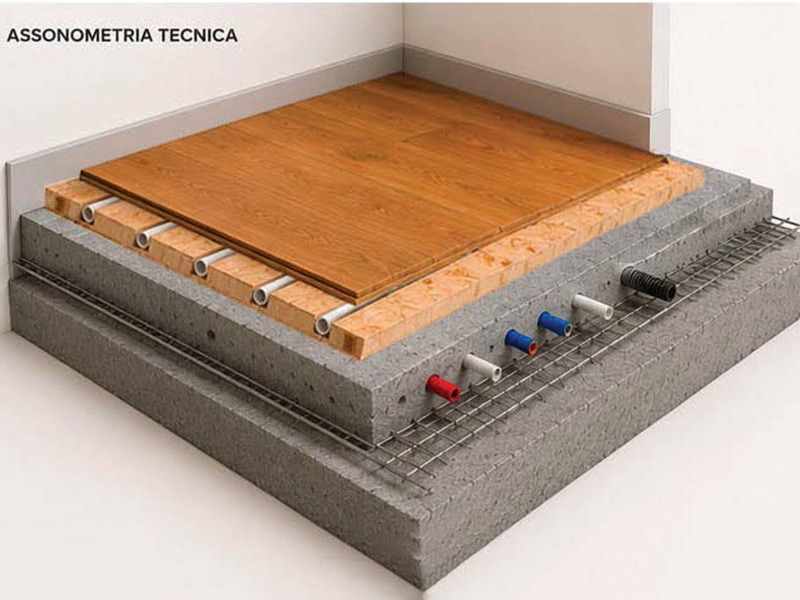 Assonometria tecnica del sistema radiante Easy D-Ray su solaio in calcestruzzo